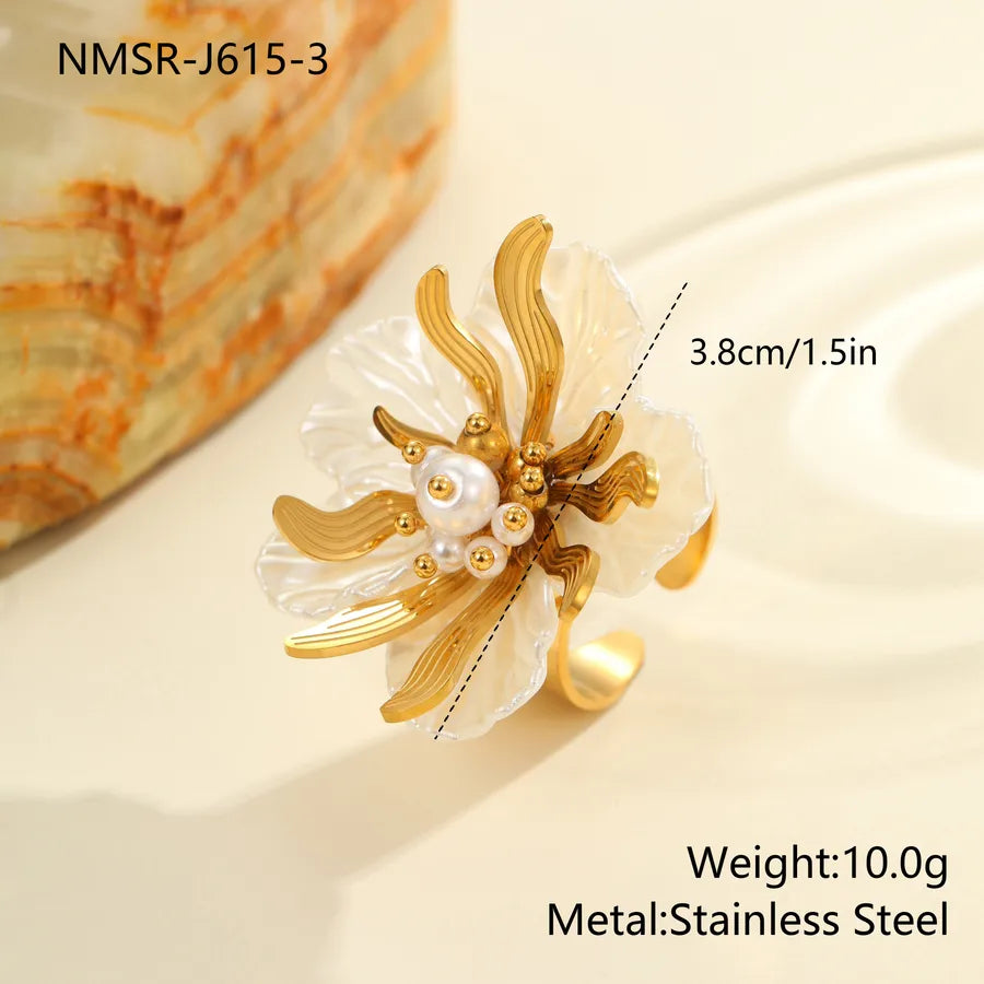 Colorful Flower Pearl Ring – Gold Stainless Steel NMSR-J615-3
