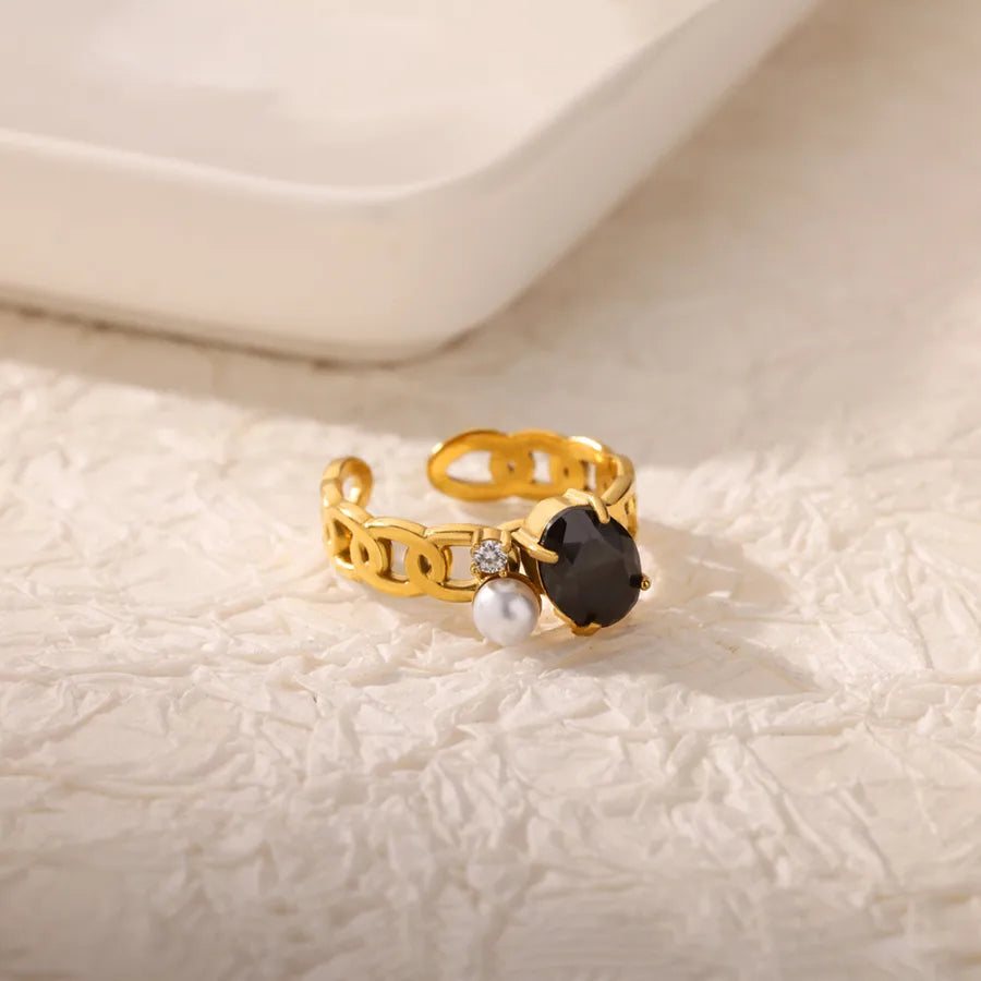 18K Gold Plated Open Ring with Pearl & Zircon