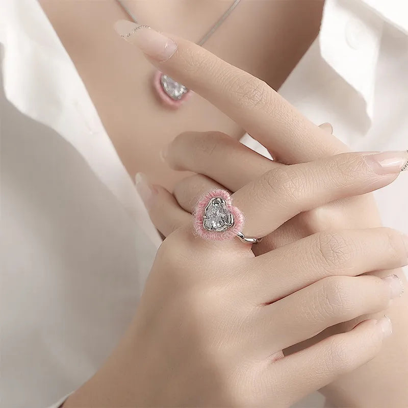 Pink Heart Zircon Necklace & Ring Set