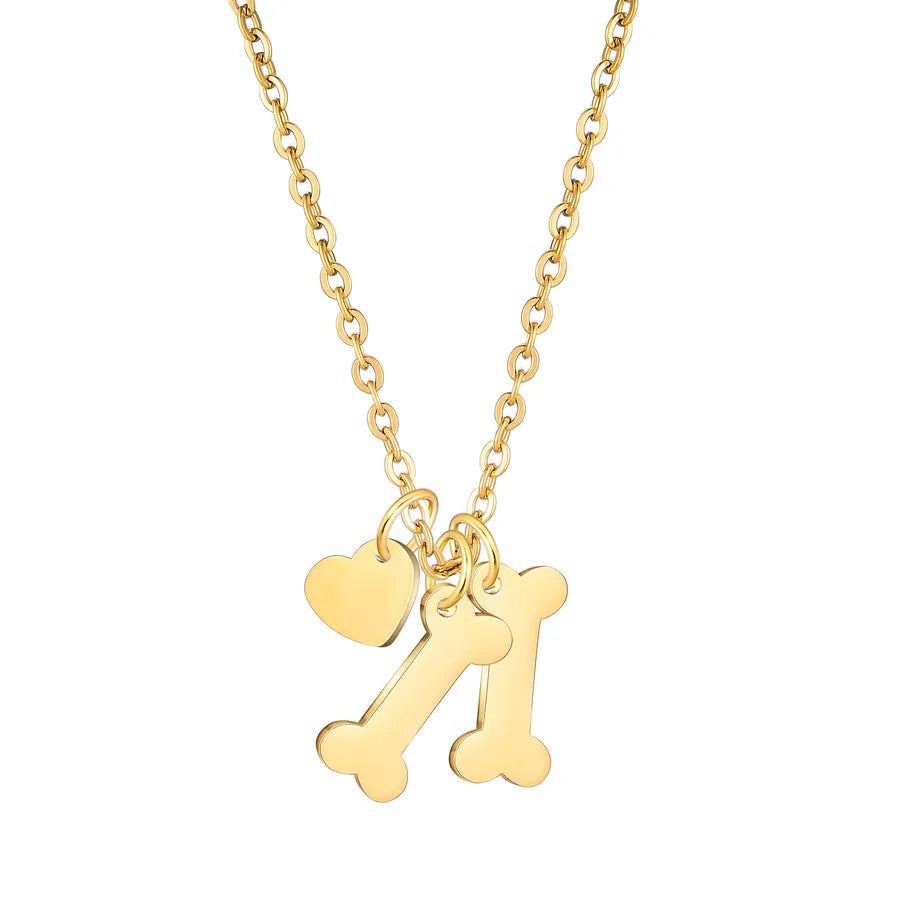Gold Plated Heart & Bone Pet Name Necklace Necklace Dog Bone Heart Gold 2