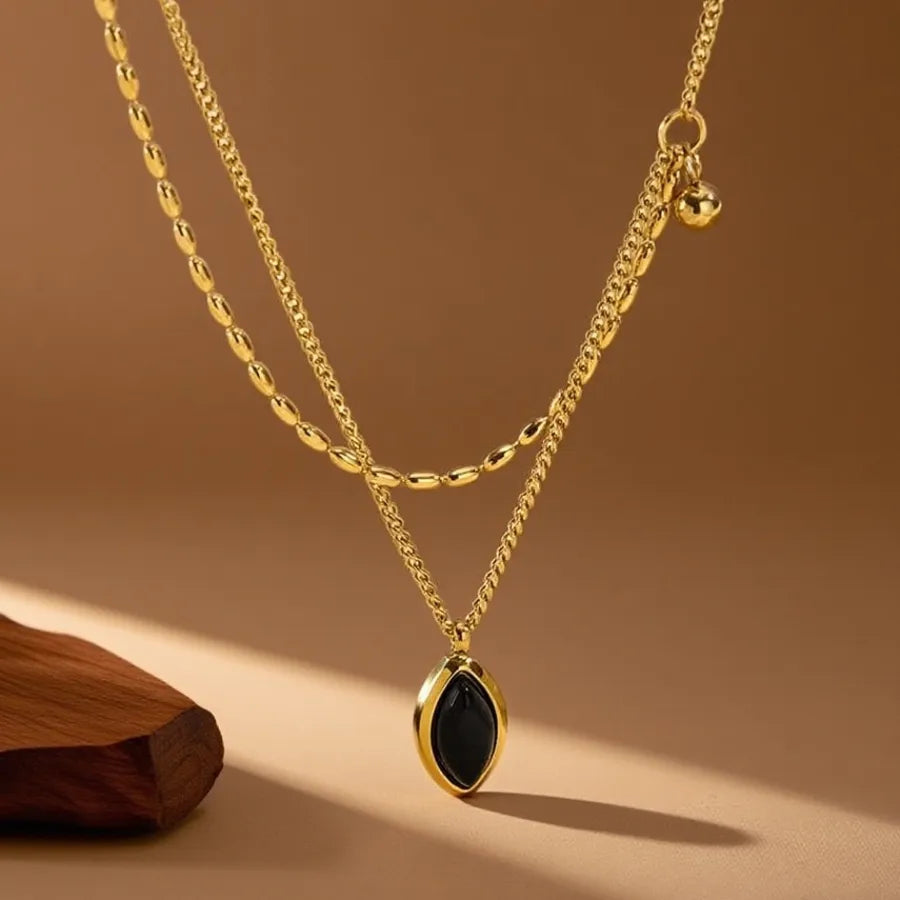 Titanium Steel Heart Pendant Necklace X06162 - Side-facing Rice Bead Oval Necklace - Gold