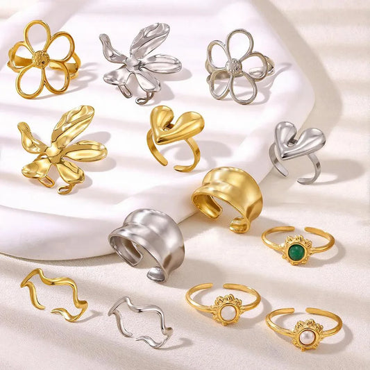 18K Gold Heart & Flower Stainless Steel Ring