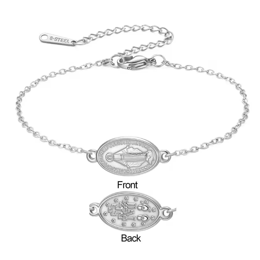 Stainless Steel Virgin Mary Bracelet – Black & Red Rope Steel Color-Cross chain