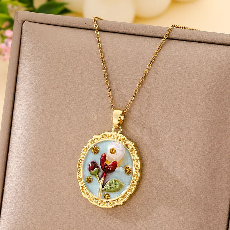 Boho Floral Pendant Necklace – Titanium Steel B014- Gold