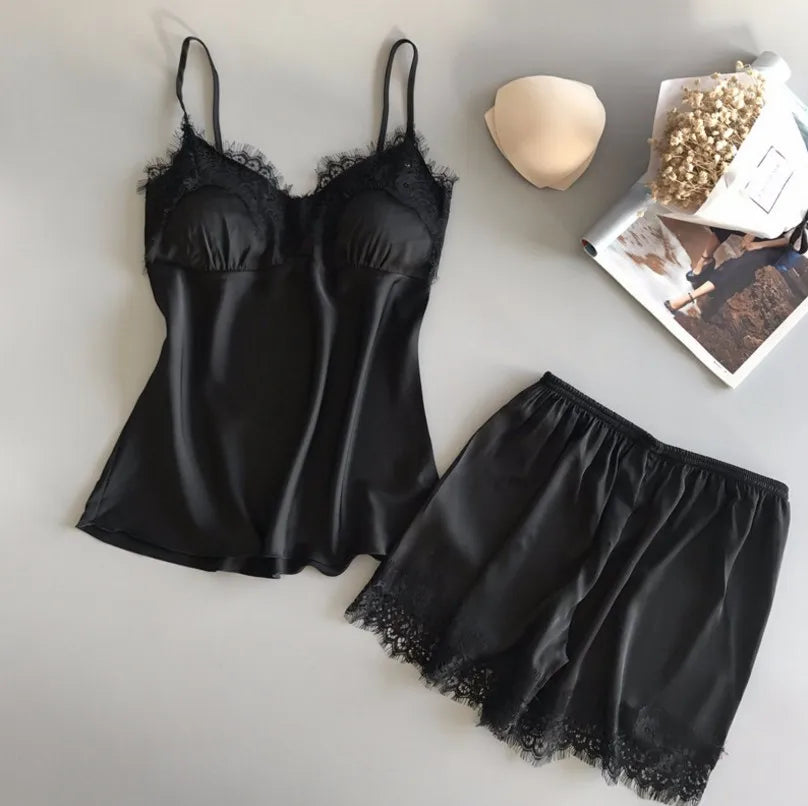 Women's Sexy Ice Silk Lace Pajama Set Black
