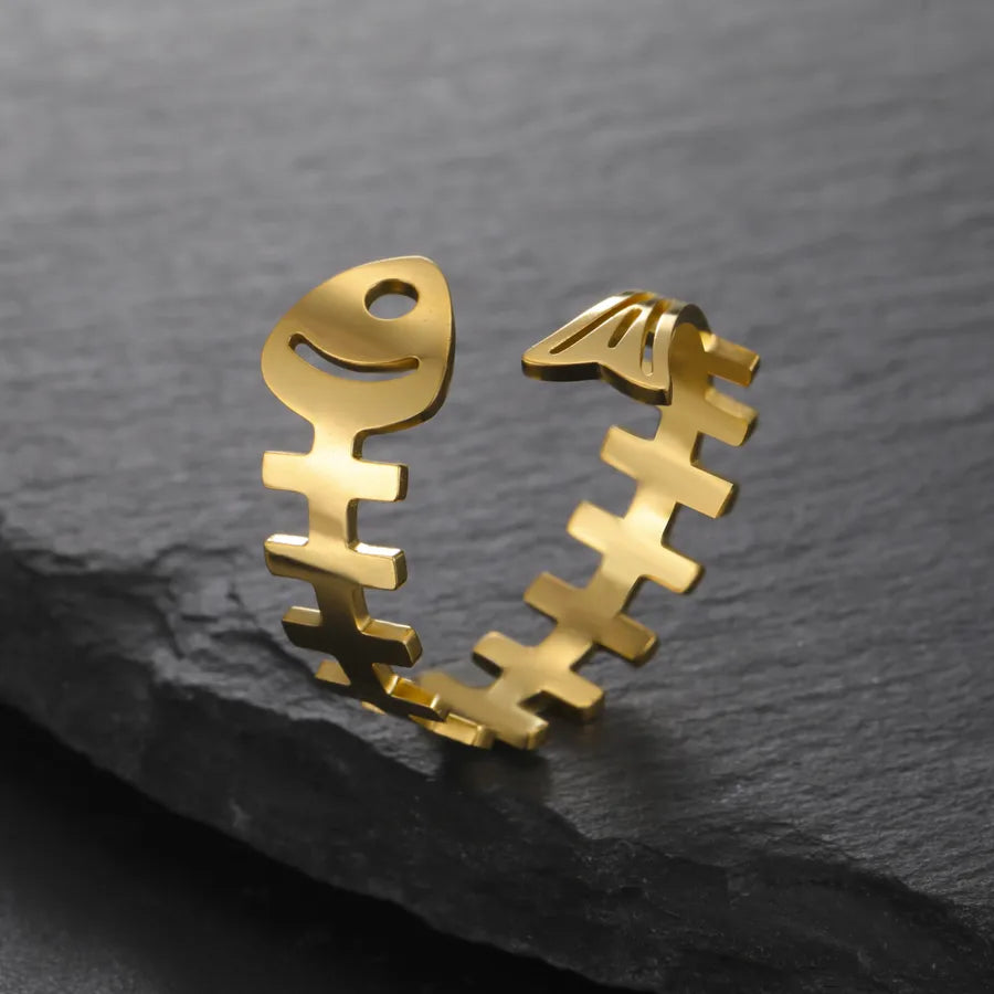 Gold Fishbone Adjustable Stainless Steel Ring