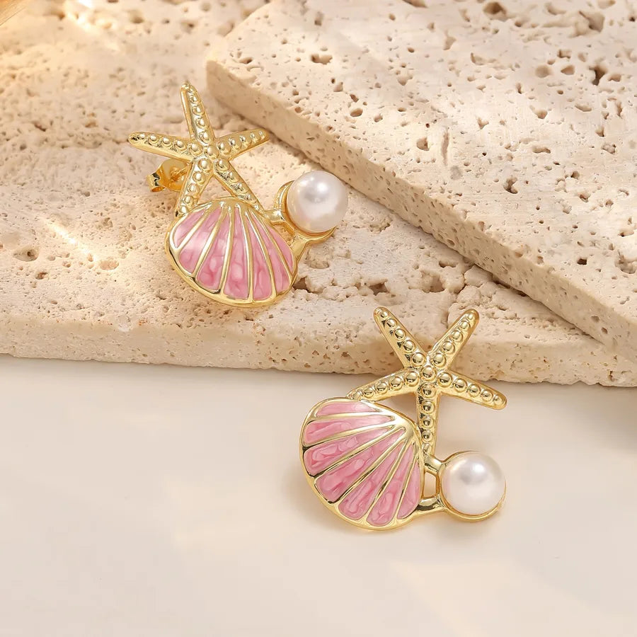 Starfish & Shell Pearl Earrings – Gold Stainless Steel 25.5x31mm (needle Thickness: 0.8mm) Pink 1 Pair Package