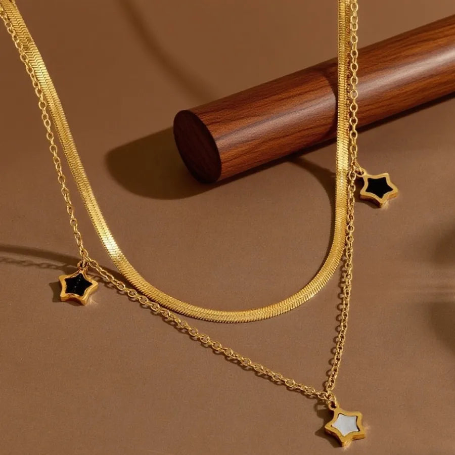 Elegant Titanium Steel Pendant Necklace X0298-Black and White Five-Pointed Star-Necklace- Gold