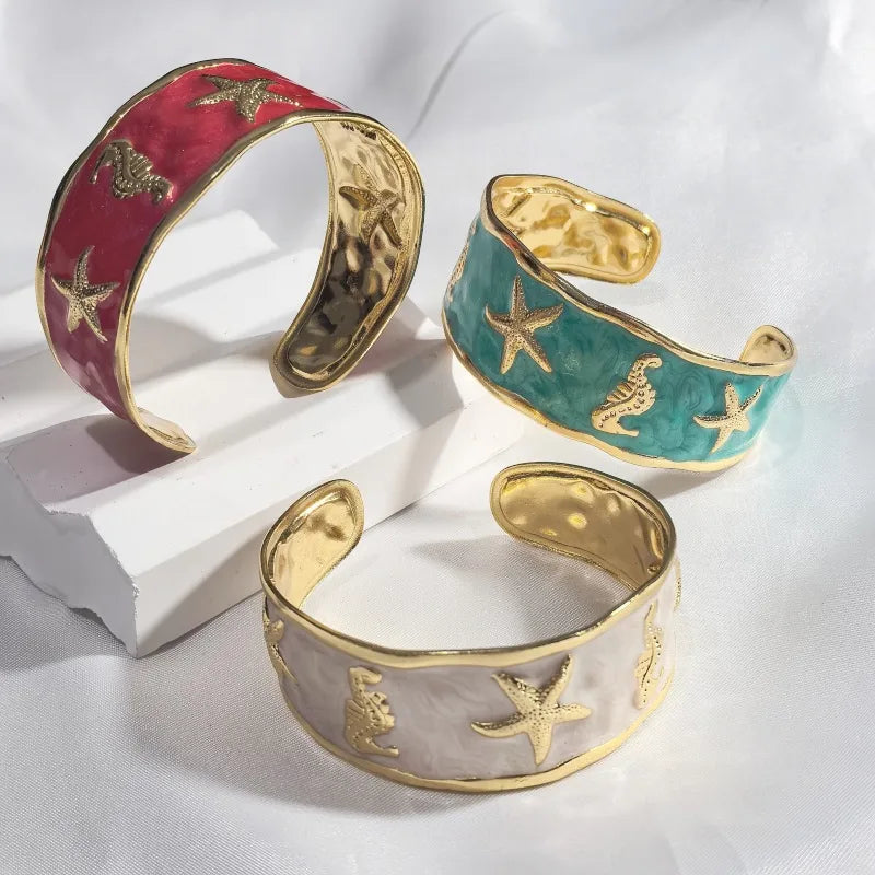 Gold Starfish & Seahorse Stainless Steel Bangle