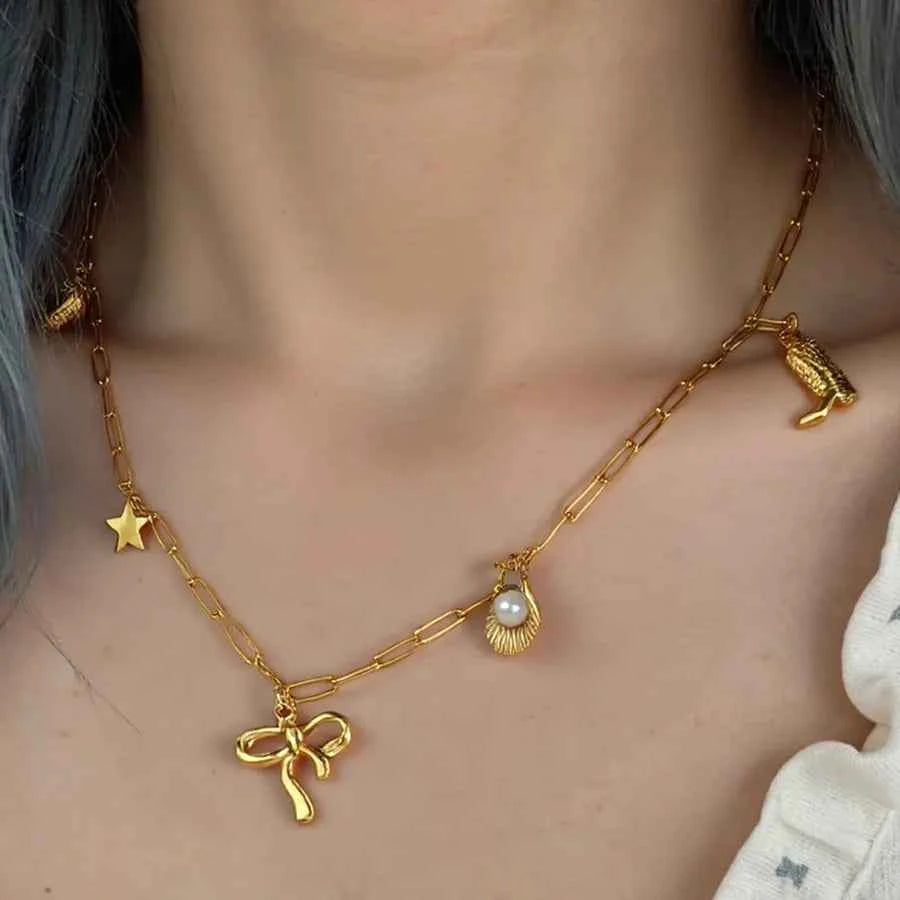 Gold Star Bowknot Pearl Necklace for Women