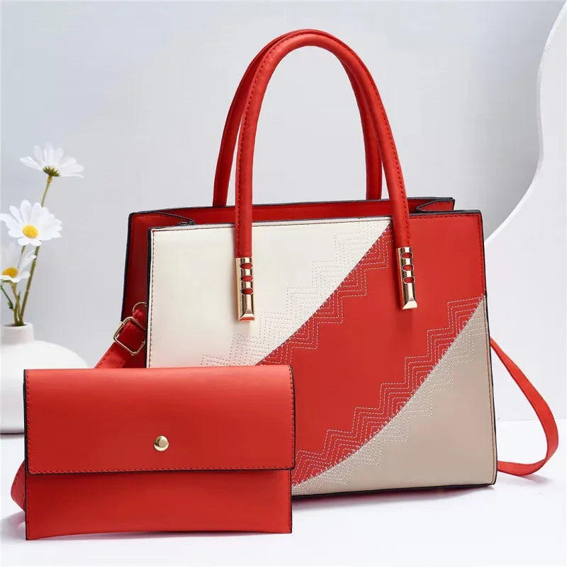 Color Block PU Shoulder Crossbody Handbag Set Red Default