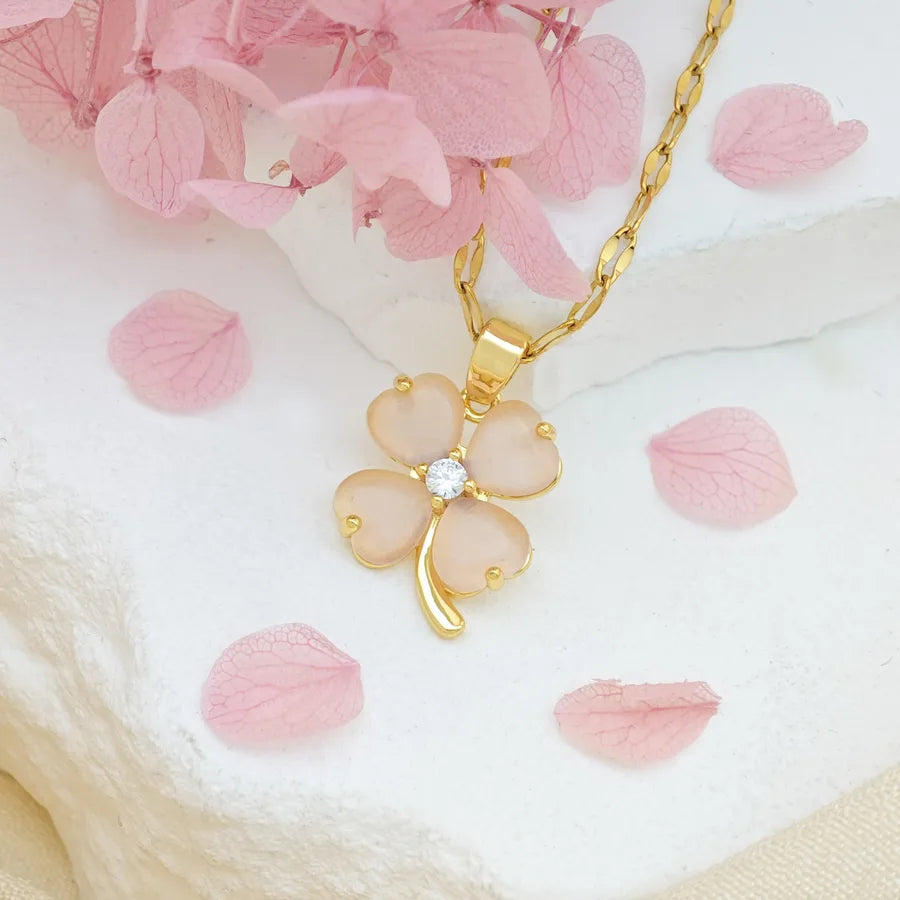 Titanium Steel Heart Clover Necklace XL293 Pink Cat Eye Four-Leaf Clover Necklace Gold Lip Chain
