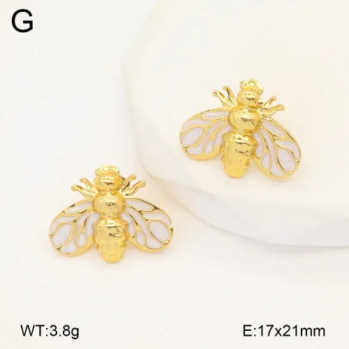 Gold Bee Stud Earrings with Resin & Hammered Finish 21*17mm White Gold 1 Pair Package
