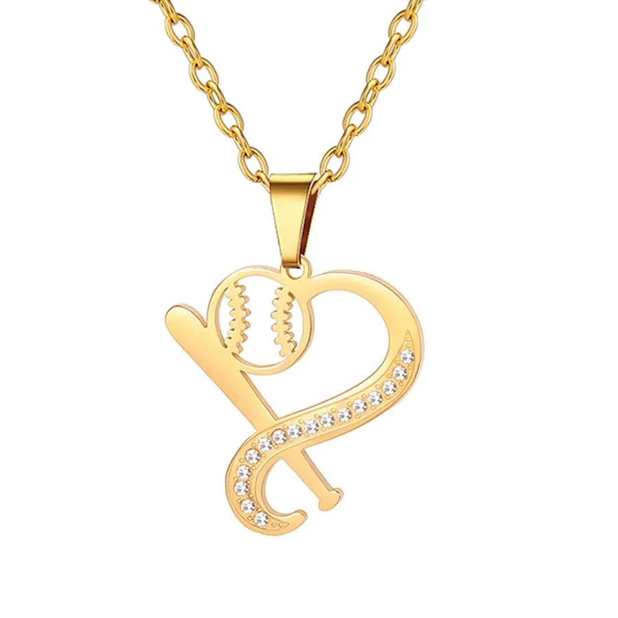 Stainless Steel Sports Pendant Necklace Gold Heart Baseball