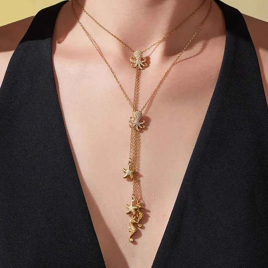 Gold Starfish Y Necklace with Zircon Accents