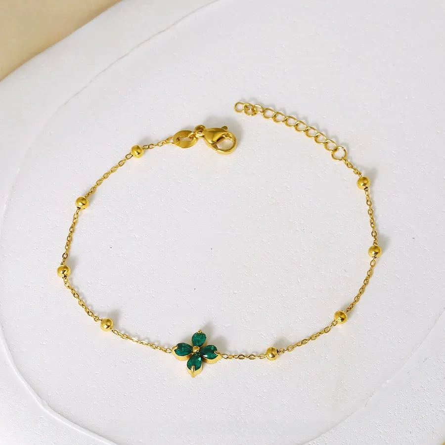Adjustable Four Leaf Clover Zirconia Bracelet B0048G-2 Gold Green Diamond Four-leaf Flower Bracelet
