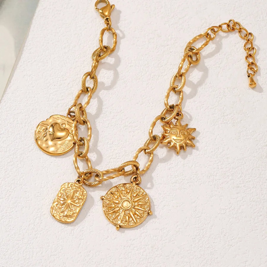 Gold Sun Face Pendant Bracelet for Women