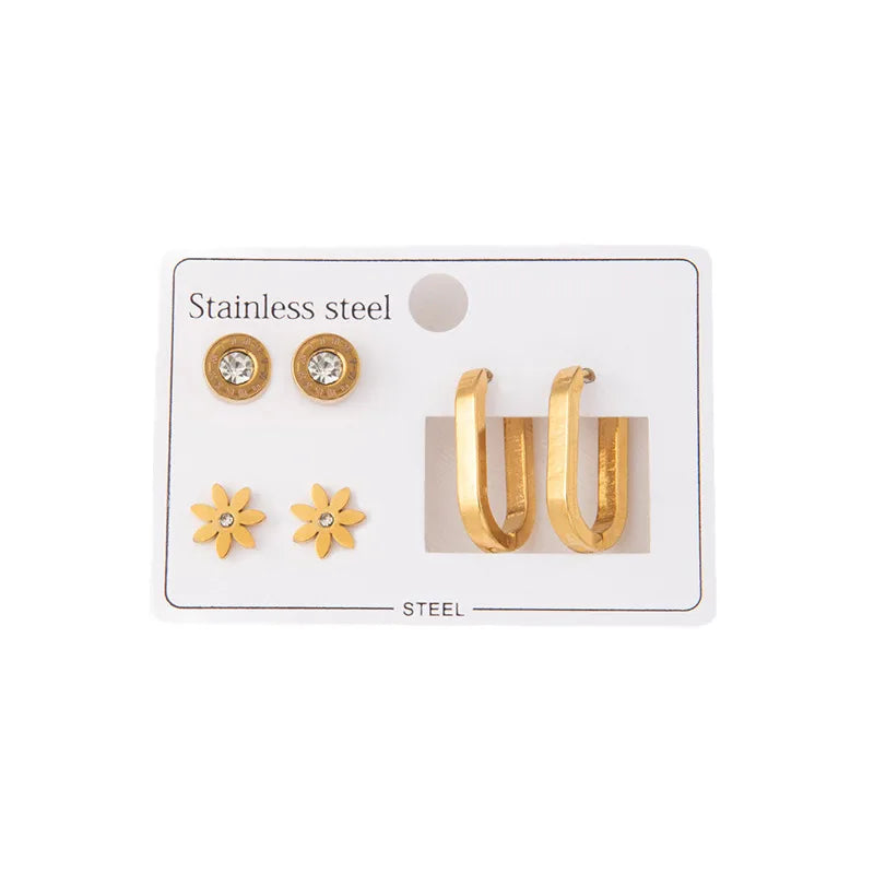 Geometric Floral Stainless Steel Earrings Set
