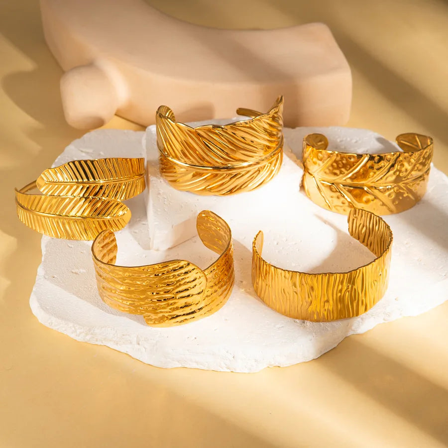 18K Gold Leaf Stainless Steel Open Bangle
