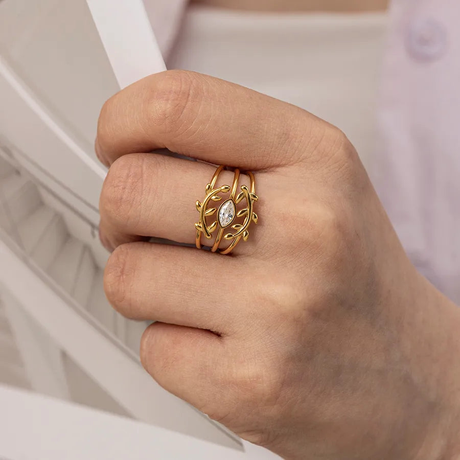 Gold Willow Branch Zircon Ring Set for Women