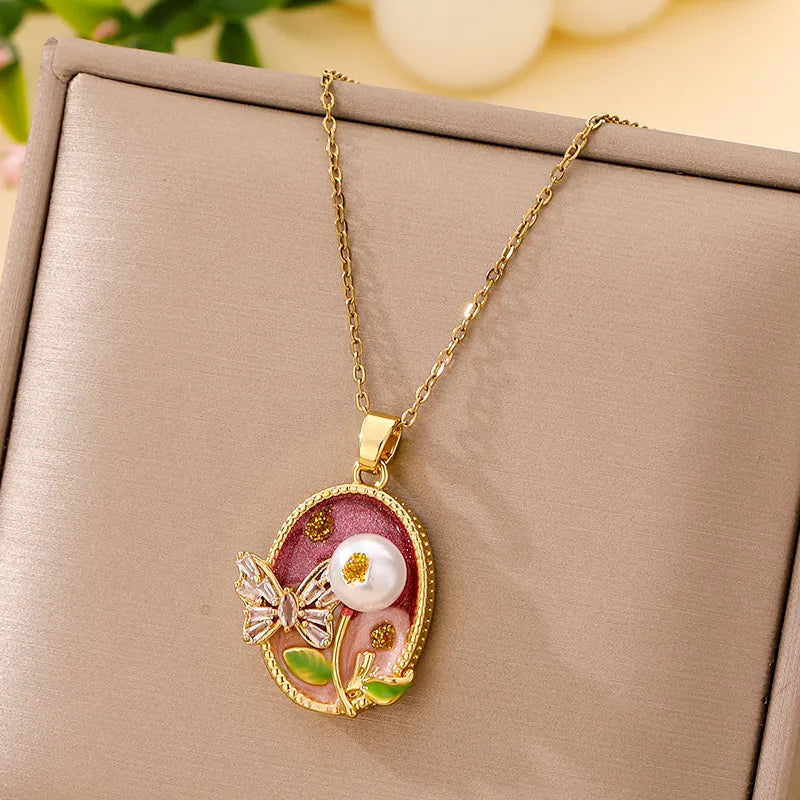 Boho Floral Pendant Necklace – Titanium Steel B006- Gold