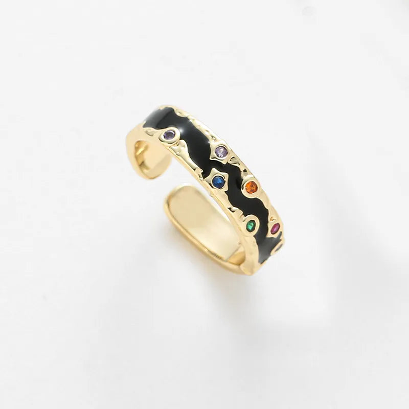 Colorful Enamel Open Ring for Women Multicolor Oil Drop Inlaid Diamond Ring Black Sold Individually