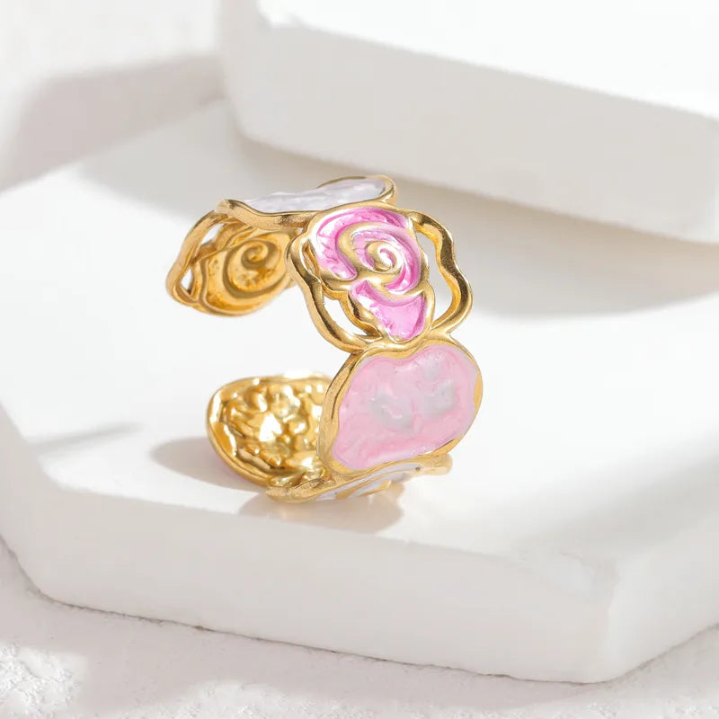 18K Gold Plated Enamel Stainless Steel Ring R882-Pink