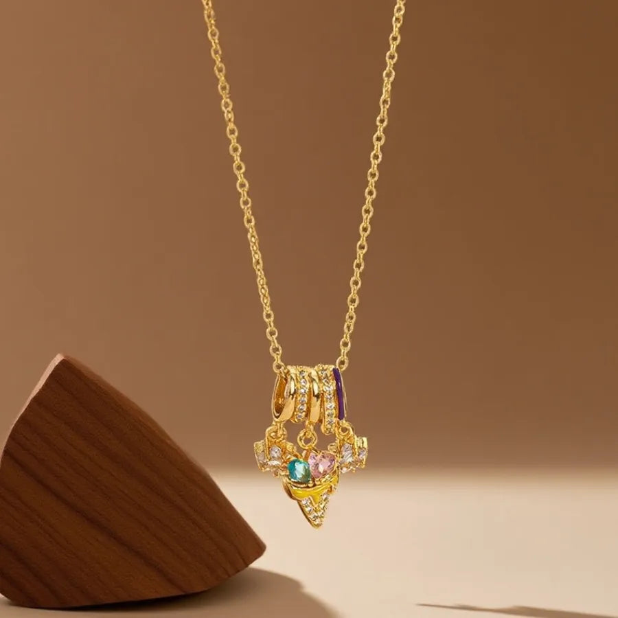 Geometric Titanium Steel Necklace for Women X08303 [Copper Pendant] Colorful Diamond Heart Necklace - Gold