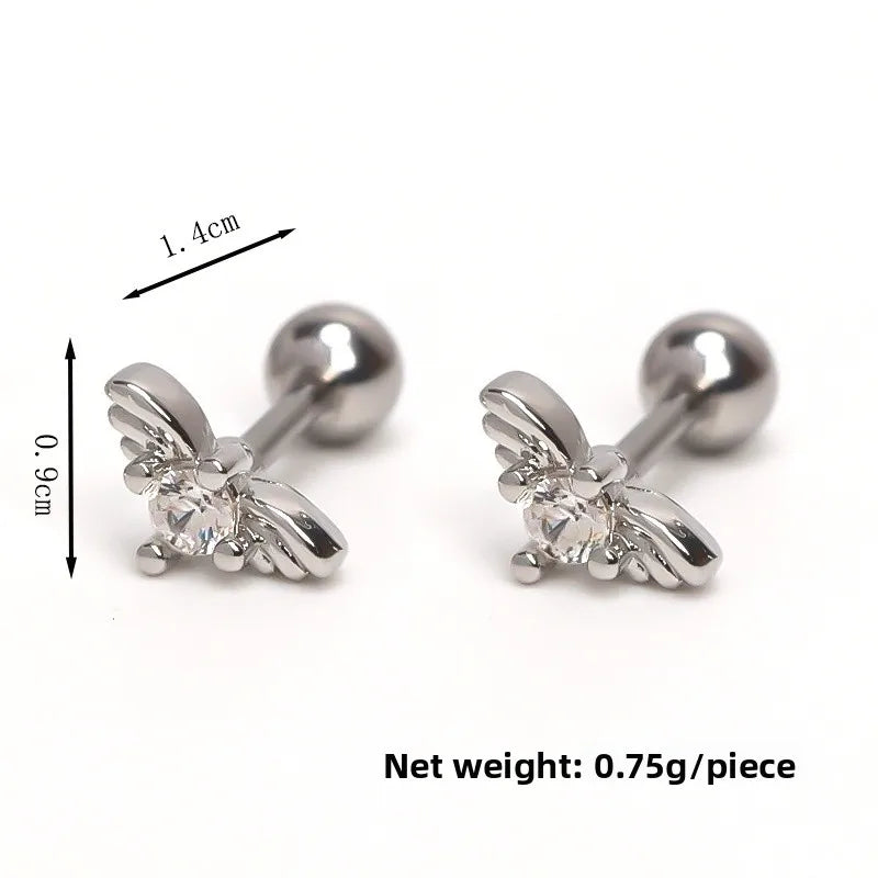 Gold Wing Zircon Stainless Steel Earring Silver(One Piece)
