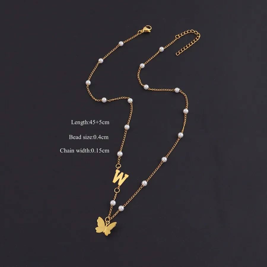 Gold Butterfly Letter Pendant Necklace Gold W