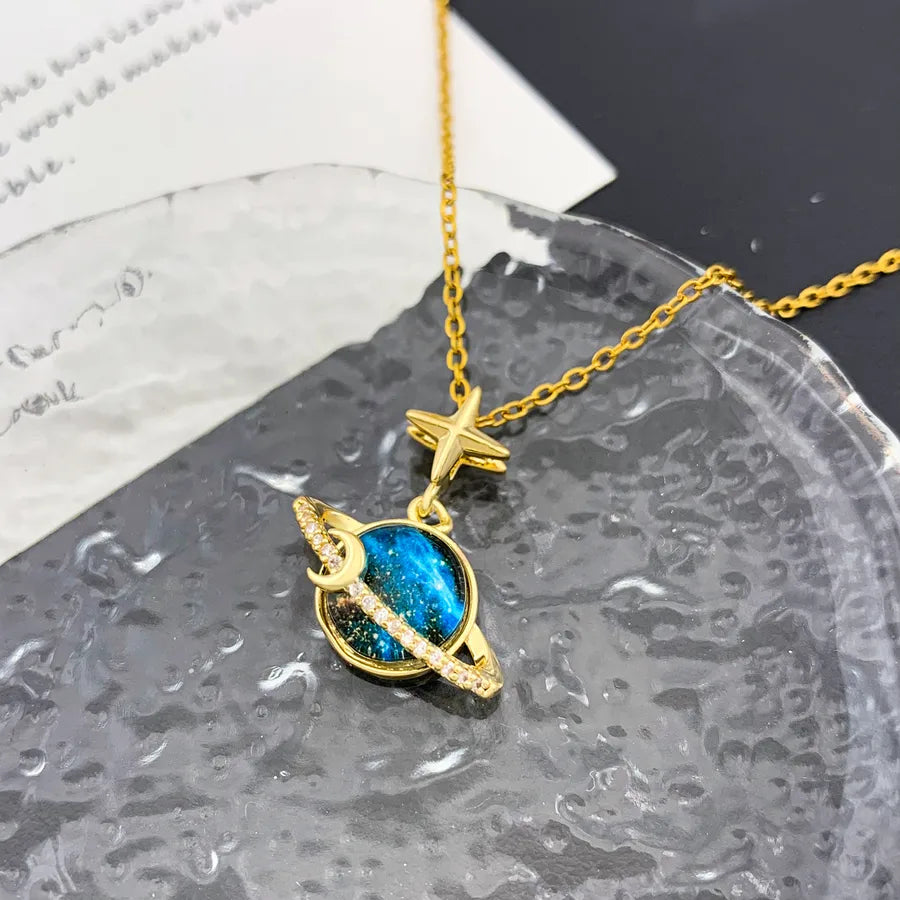 Starry Sky Planet Zircon Pendant Necklace XL1152 Star Moon Planet Necklace Gold