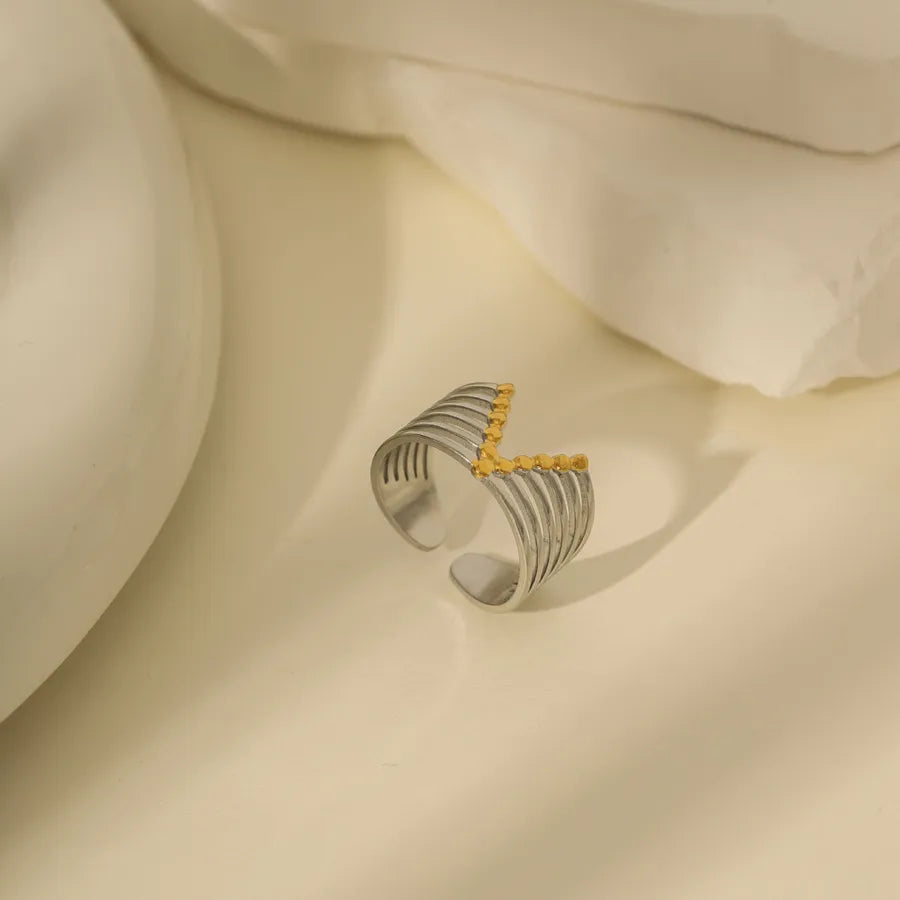 14K Gold Bow Knot Shell Open Ring Adjustable Opening Gold and Silver Two-tone V-shaped Adjustable Ring