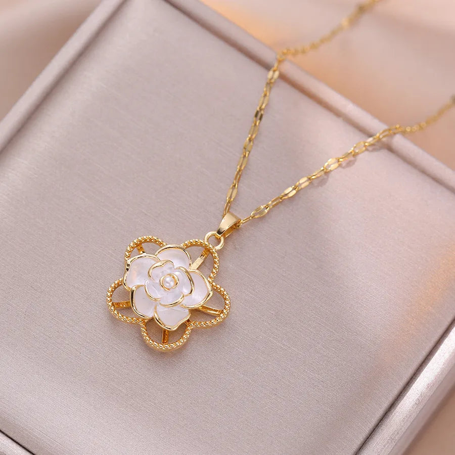 Titanium Steel Rose Flower Pendant Necklace