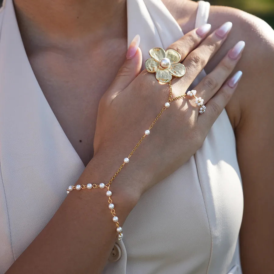18K Gold Plated Flower Ring with Pearl Inlay