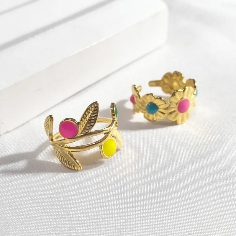 18K Gold Leaf & Flower Open Ring – Stainless Steel