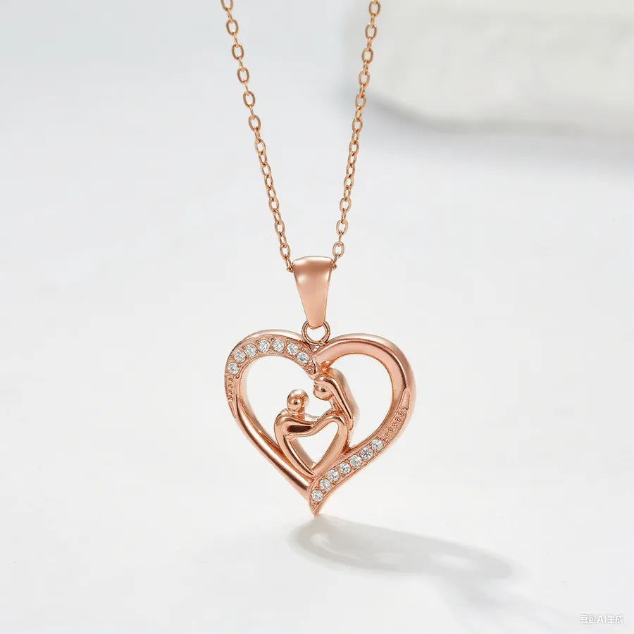 Titanium Steel Heart Necklace with Rose Detail N0452R Rose Gold Mother and Child Concentric Style