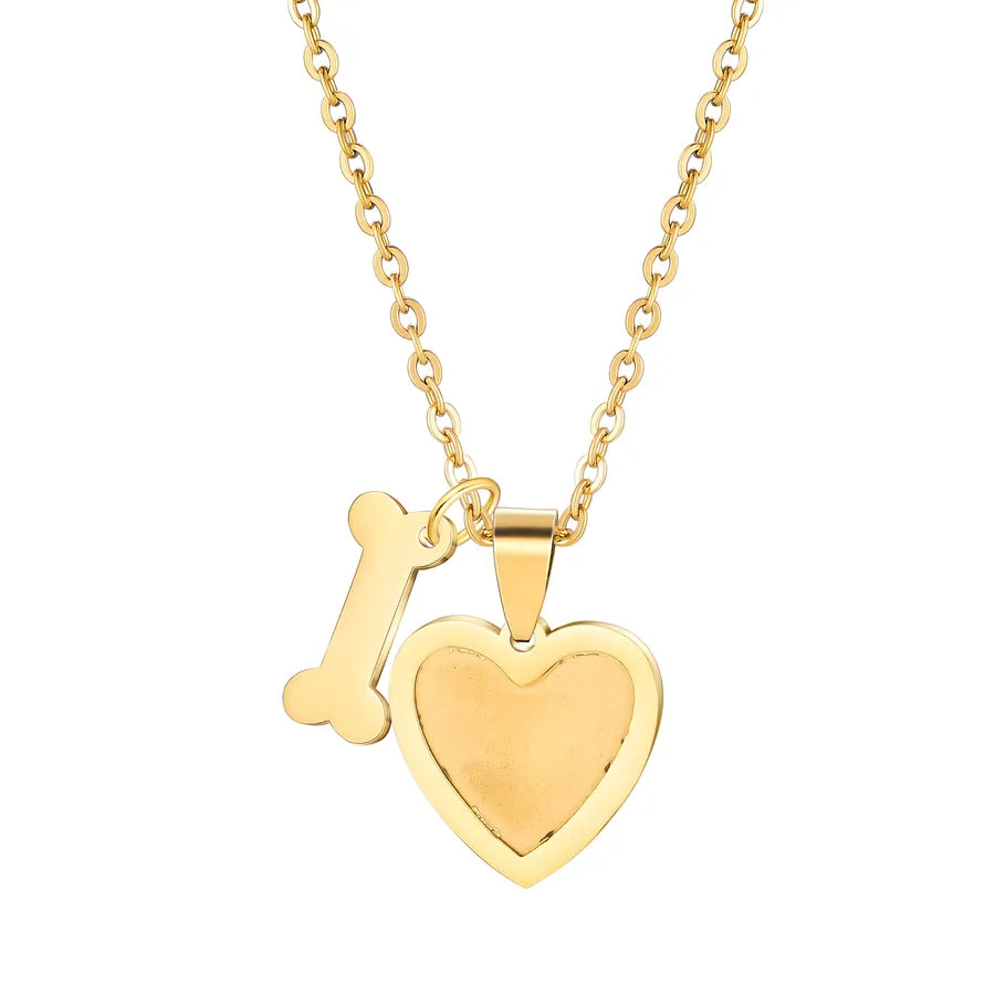 Gold Plated Heart & Bone Pet Name Necklace Dog Bone Heart Photo Gold 1