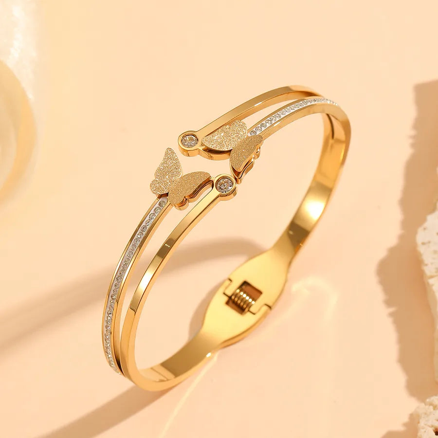 18K Gold Butterfly Bangle – Stainless Steel Double Layer Butterfly Bracelet with Diamonds