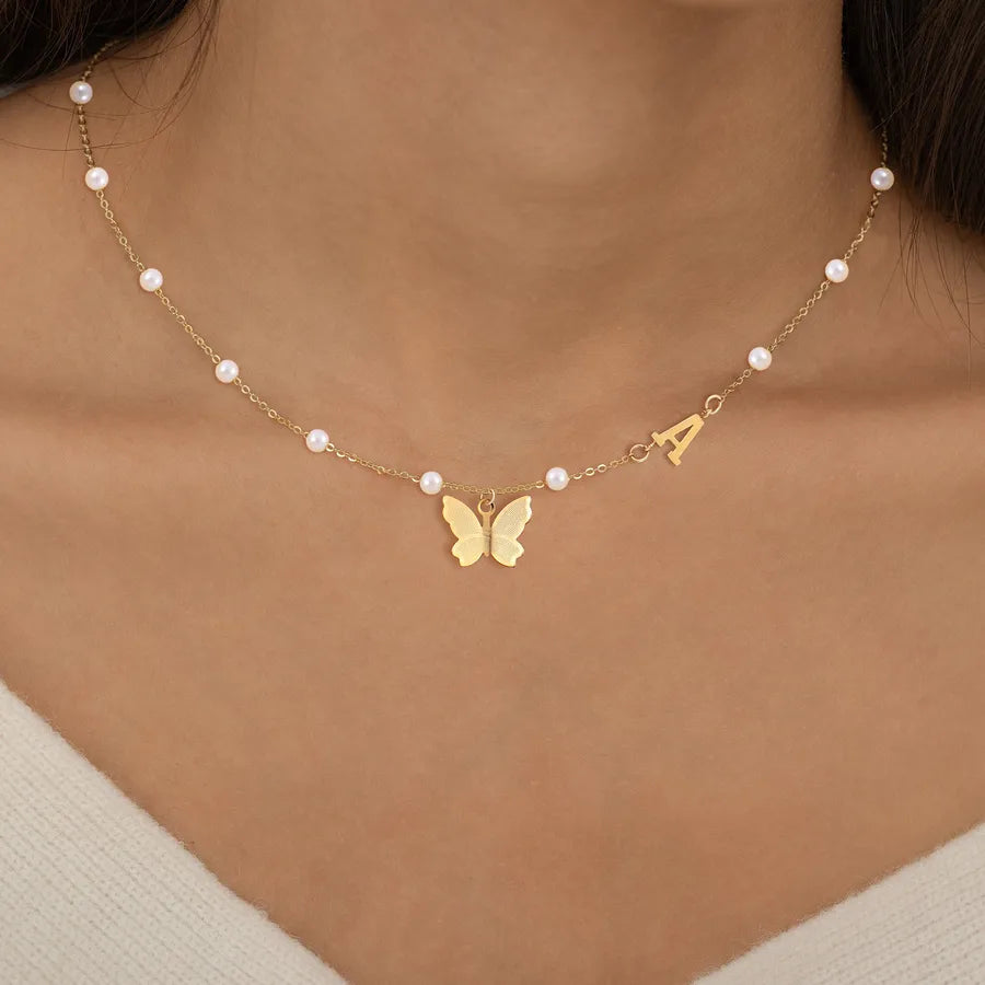 Gold Butterfly Letter Pendant Necklace