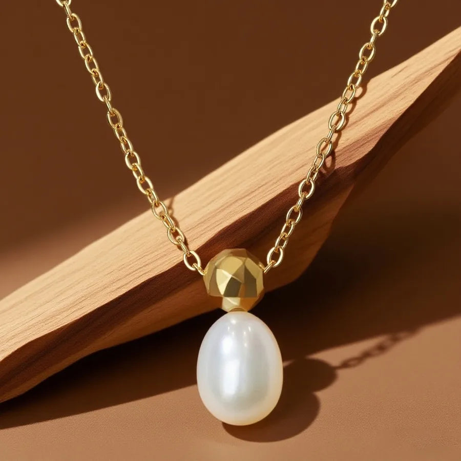 Elegant Titanium Steel Pendant Necklace X052-Water Drop Pearl-Necklace- Gold