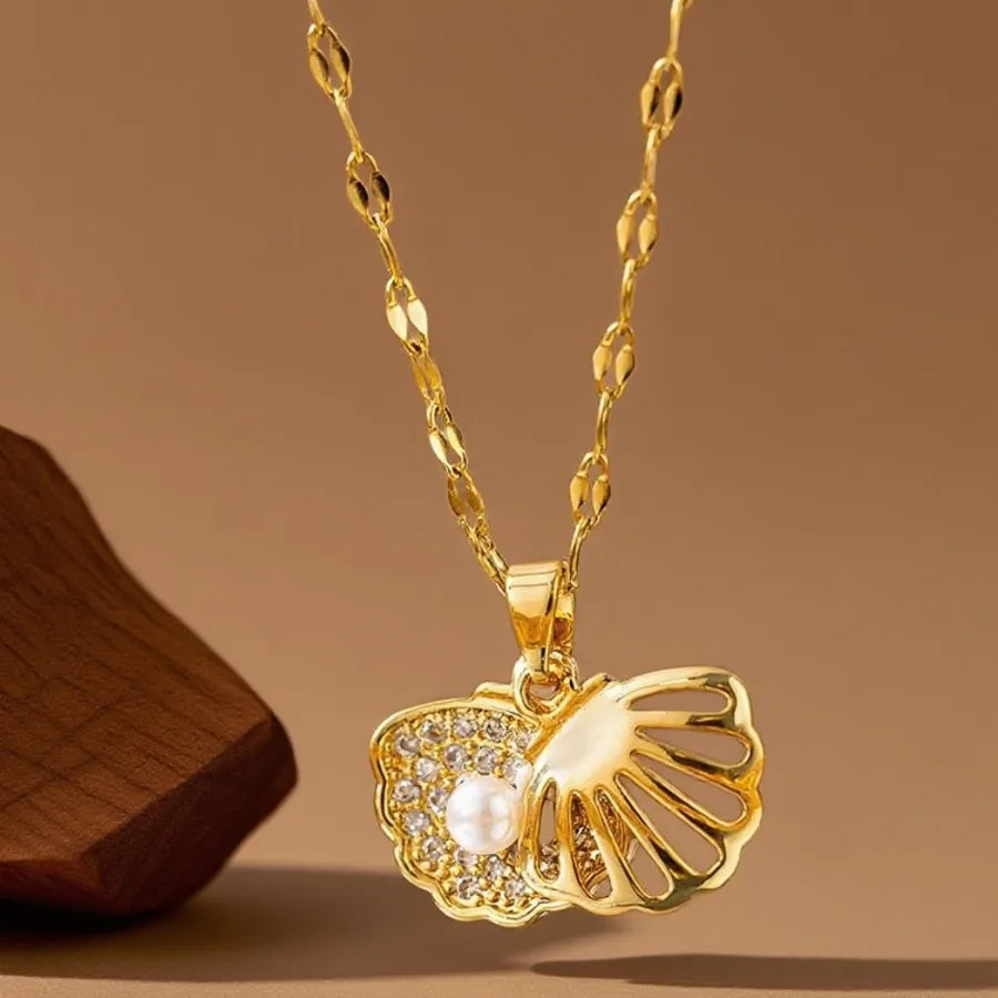 Geometric Titanium Steel Necklace for Women X08086--[Copper Pendant] Hollow Pearl Shell Necklace - Gold