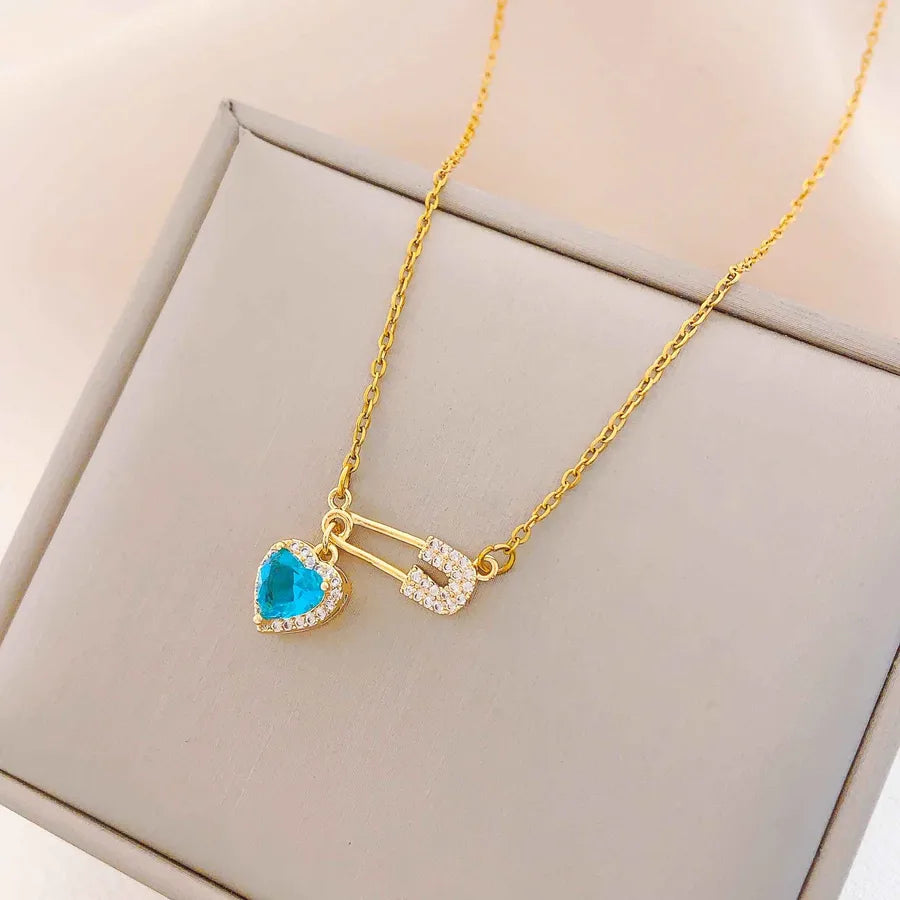Titanium Steel Heart Pin Pendant Necklace XL380 Blue Love Pin Necklace