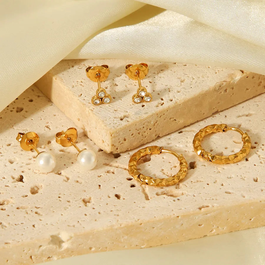 Gold Geometric Pearl & Zircon Stud Earring Set