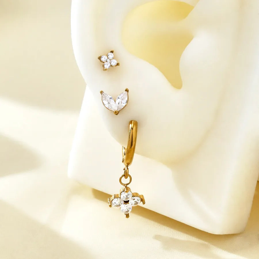 18K Gold Geometric Flower Zircon Stud Earrings
