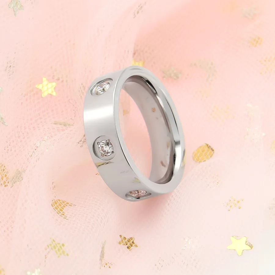 Retro Titanium Steel Geometric Couple Ring Six Diamond Letter Ring Silver Z6