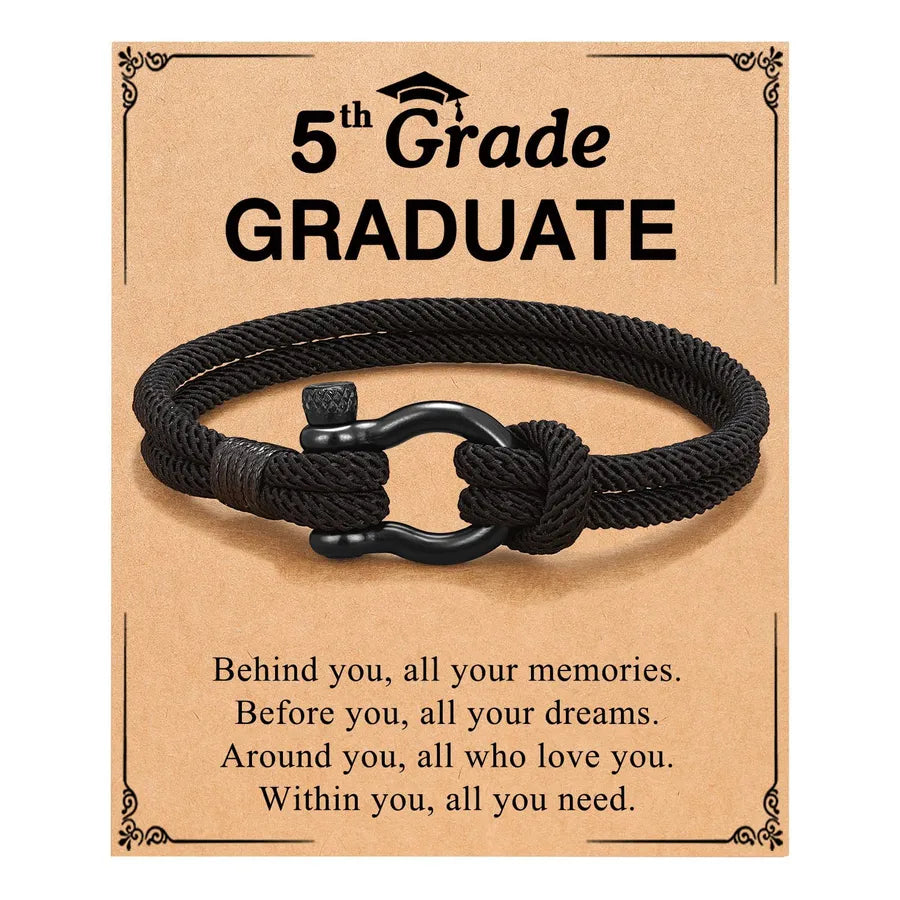 Black Milan Rope Bracelet with Horse Hoof Clasp Black + Doctoral Cap + 5th Grade Card