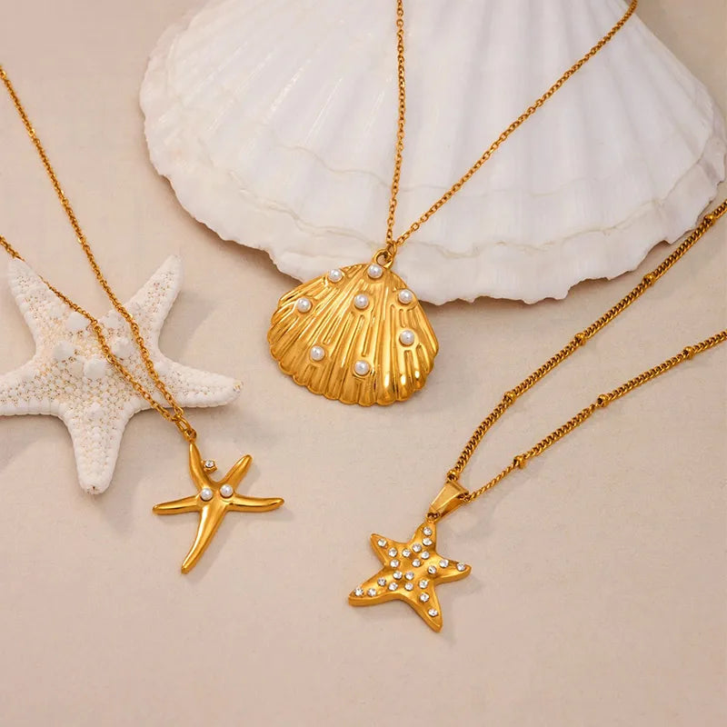 18K Gold Ocean Heart Flower Pendant Necklace