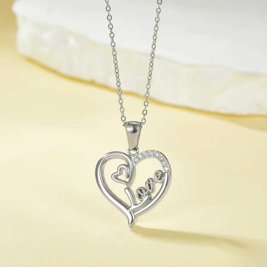 Titanium Steel Heart Necklace with Rose Detail N0453S Steel Color Love Style