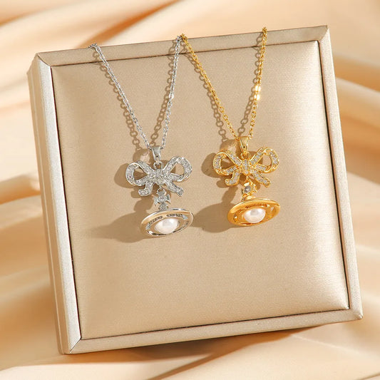 Titanium Steel Saturn Necklace with Pearl Drop