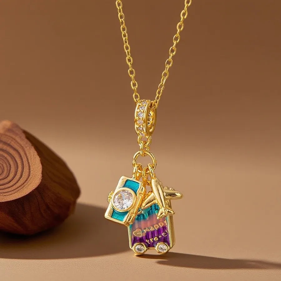 Geometric Titanium Steel Necklace for Women X08016 【Copper Pendant】Global Photography Travel - Necklace - Gold